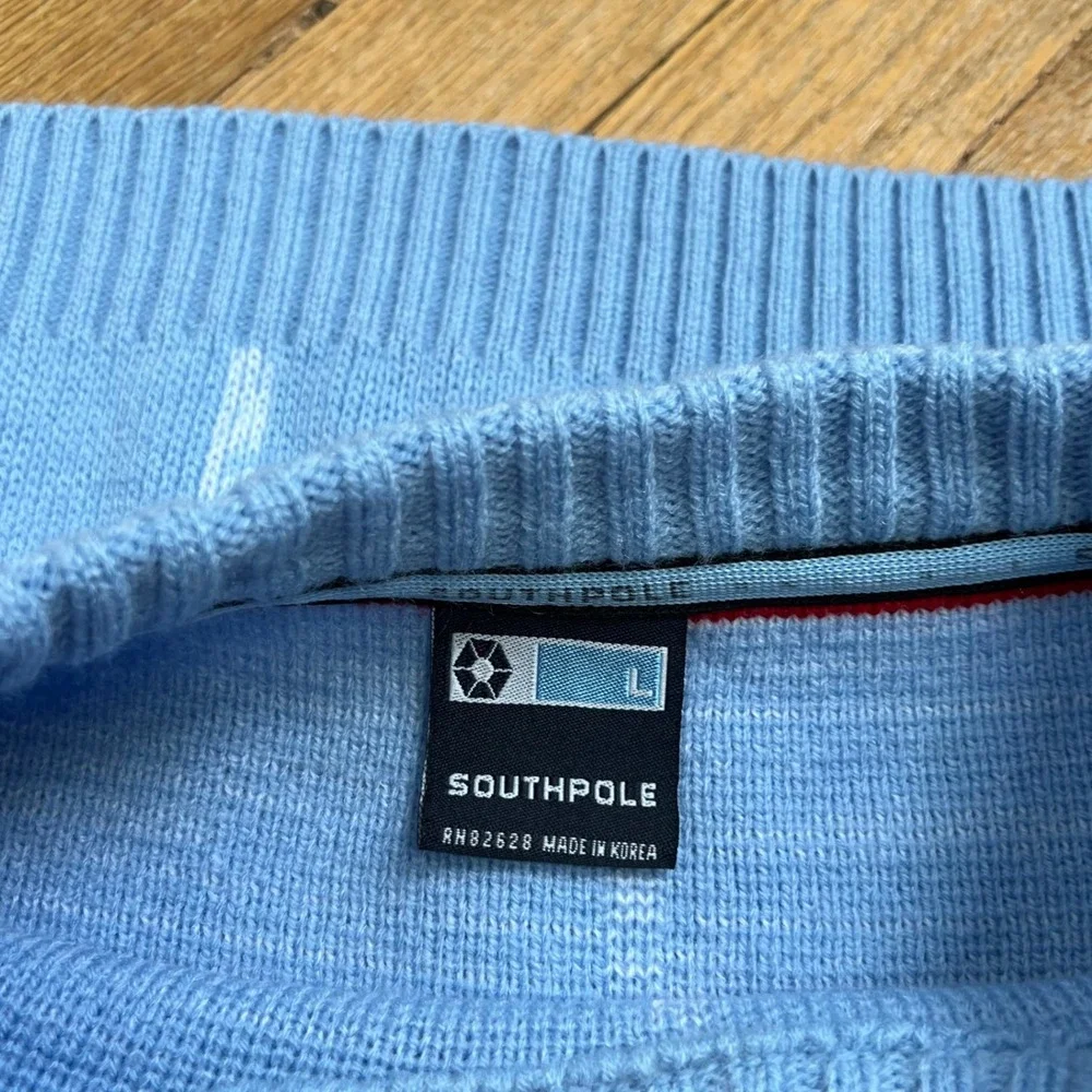 Y2K Vintage SouthPole Sweater Baby Blue Red Stripe Embroidered Men's Size Large